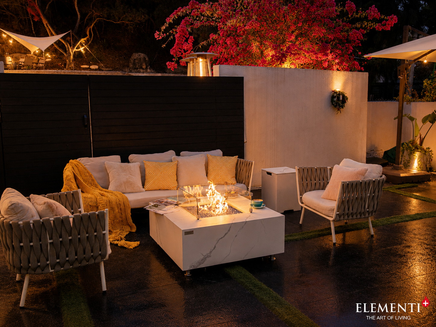 Elementi Bianco gasvuurschaal bianco wit terras avond sfeer