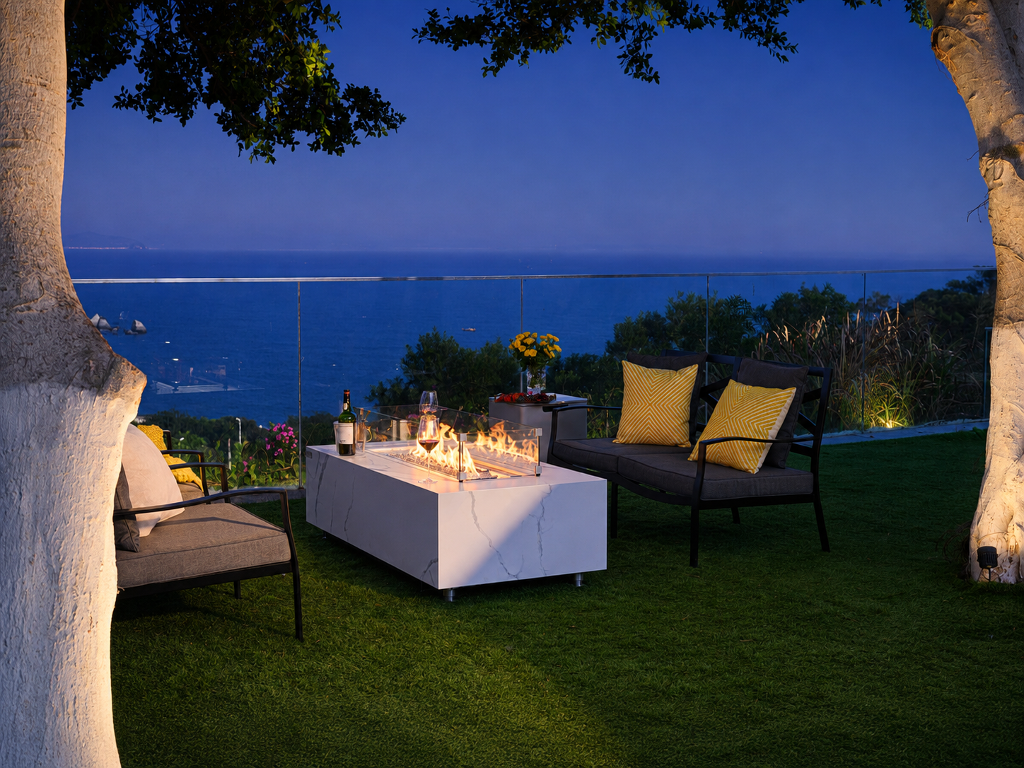 Elementi Carrara gasvuurschaal bianco wit terras lifestyle 2
