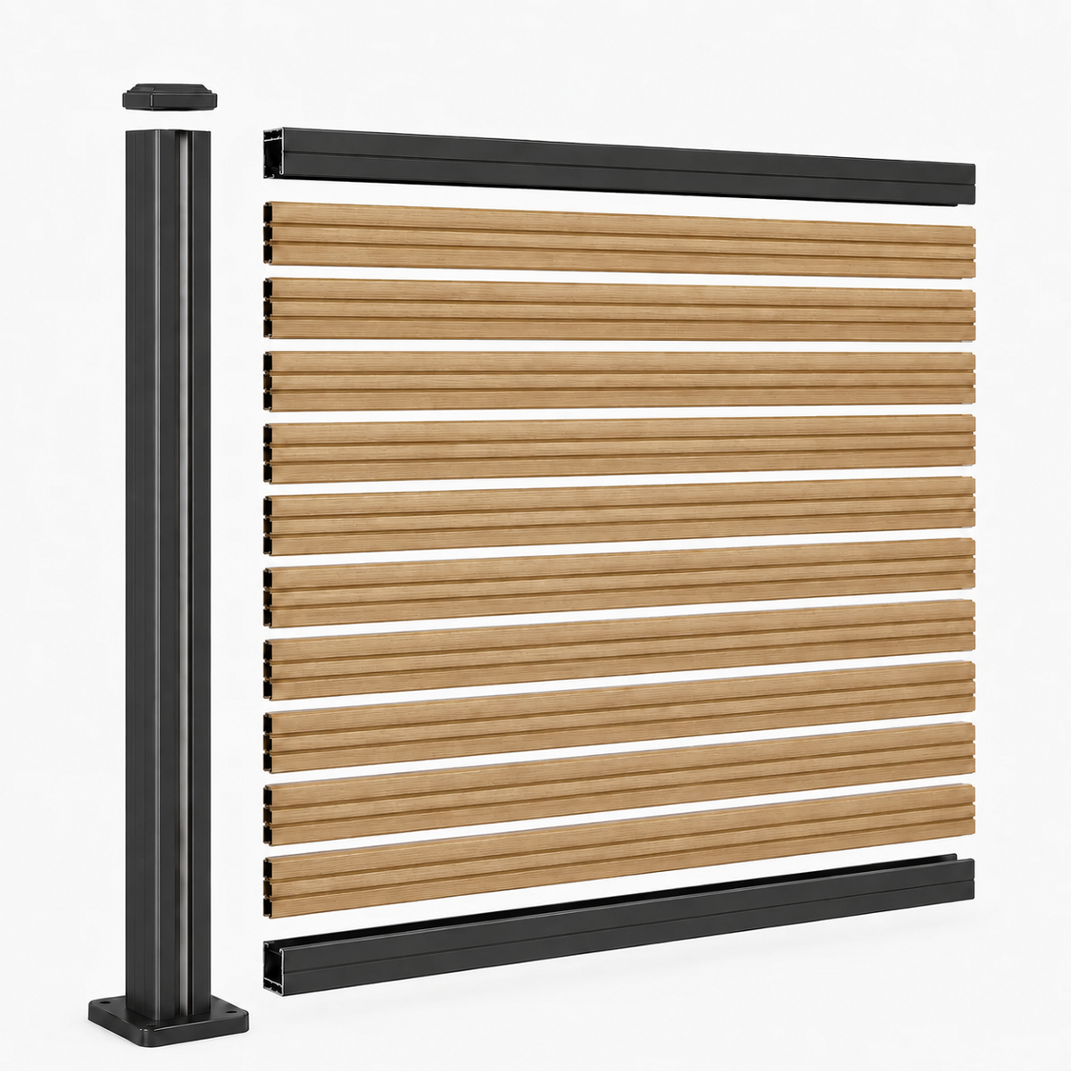 Composiet schutting Rhombus Oak – paal en schuttingdeel los van elkaar getoond