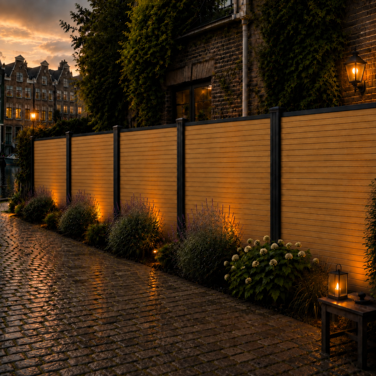 Composiet schutting Rhombus Oak – langs gracht bij zonsondergang met lantaarns