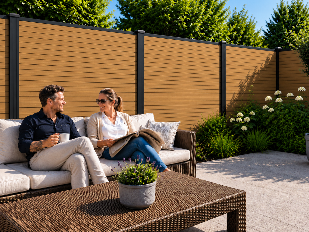 Composiet schutting Rhombus Oak – stel ontspant op terras bij zonnig weer