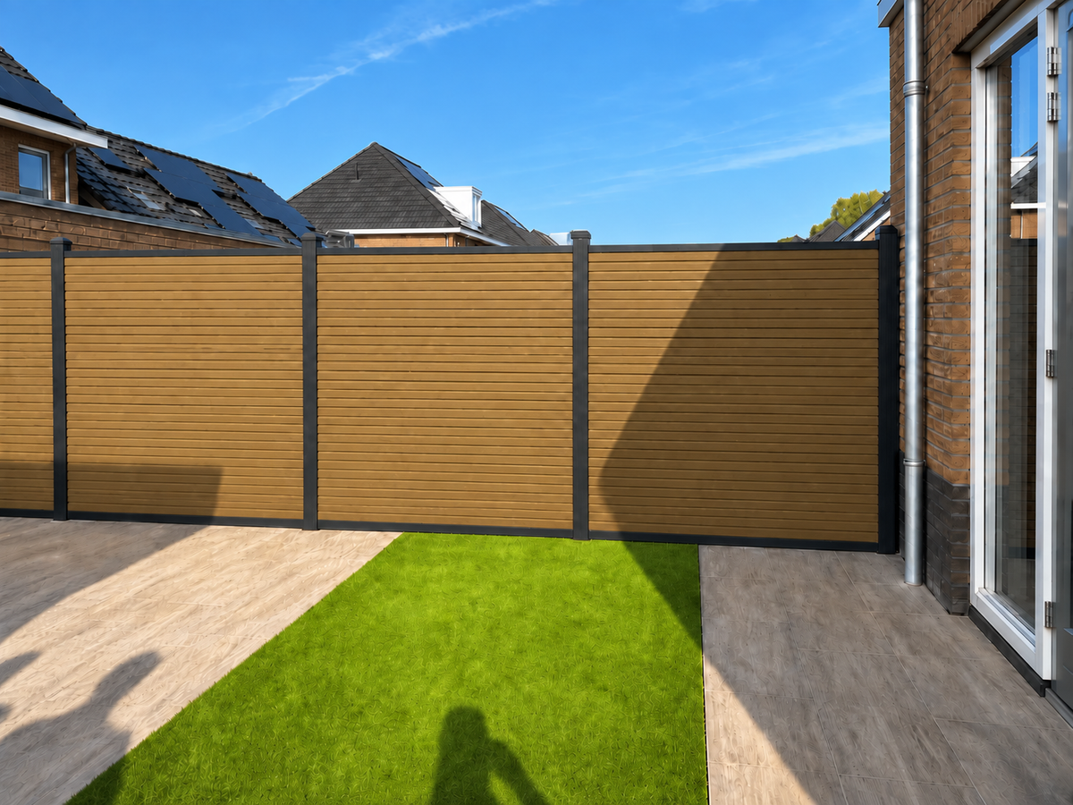 Composiet schutting Rhombus Oak – in achtertuin met kunstgras en terras