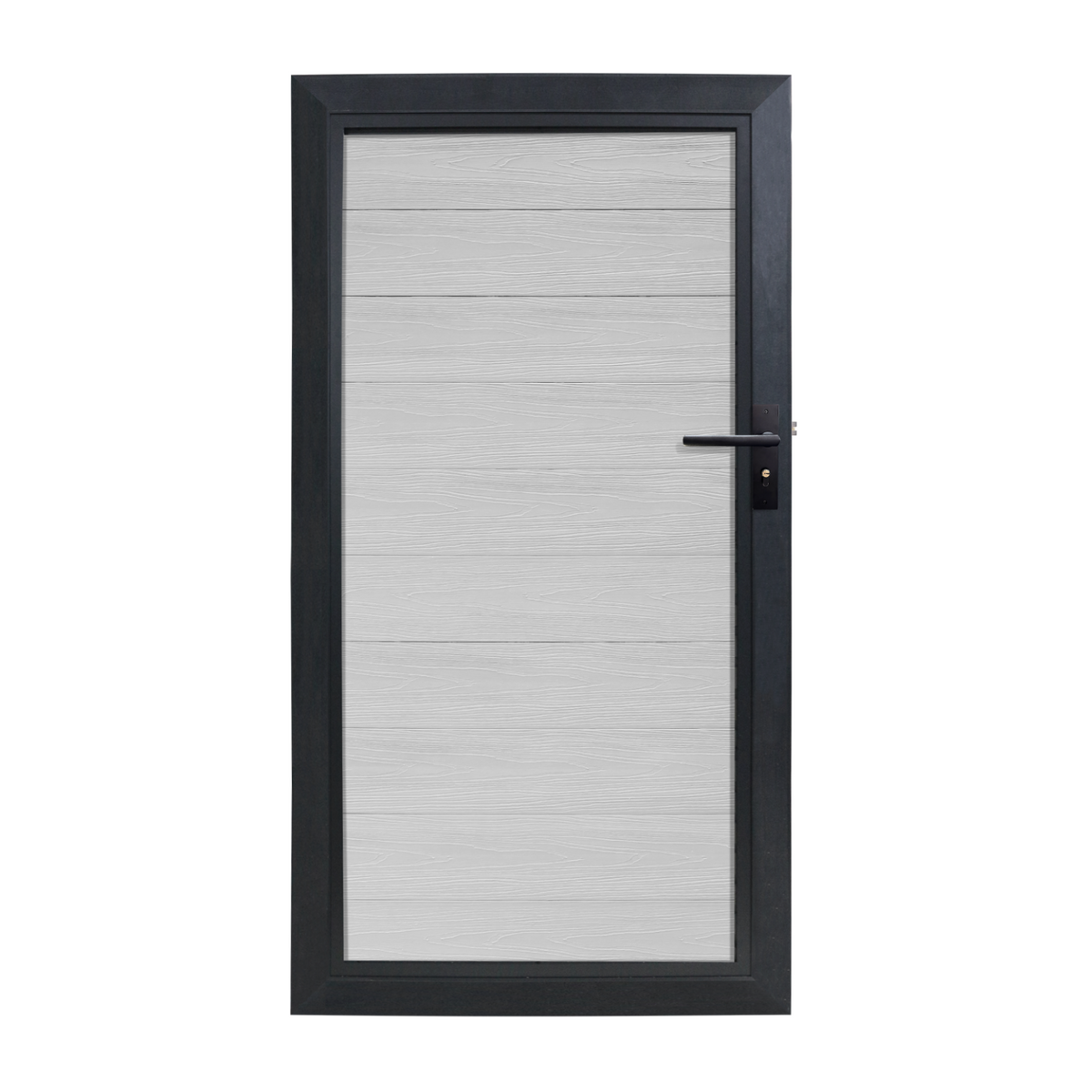 WPC tuindeur Grijs met houtnerf motief en antraciet aluminium frame