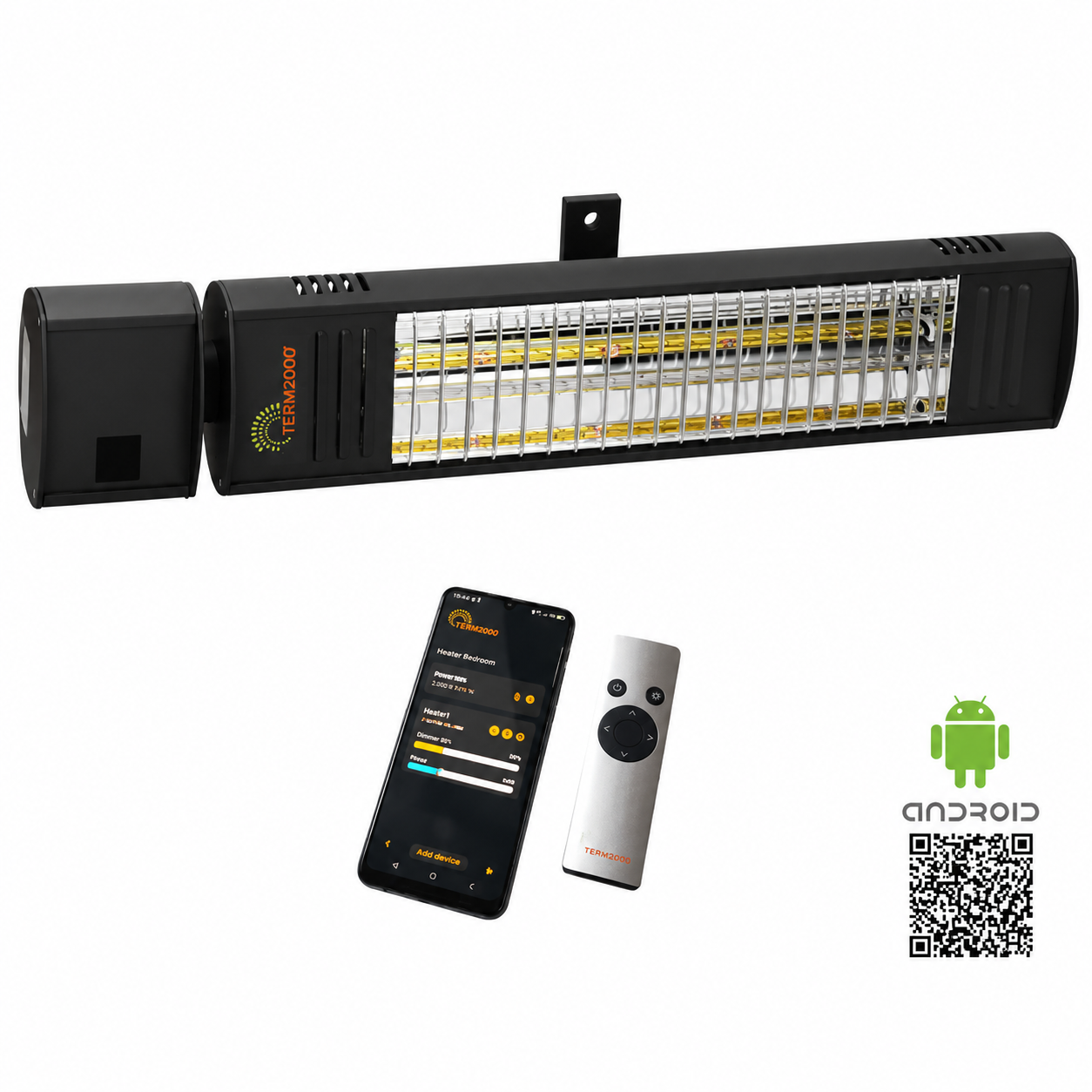 TERM2000 Kleur BT infrarood terrasstraler zwart met afstandsbediening en Android-app