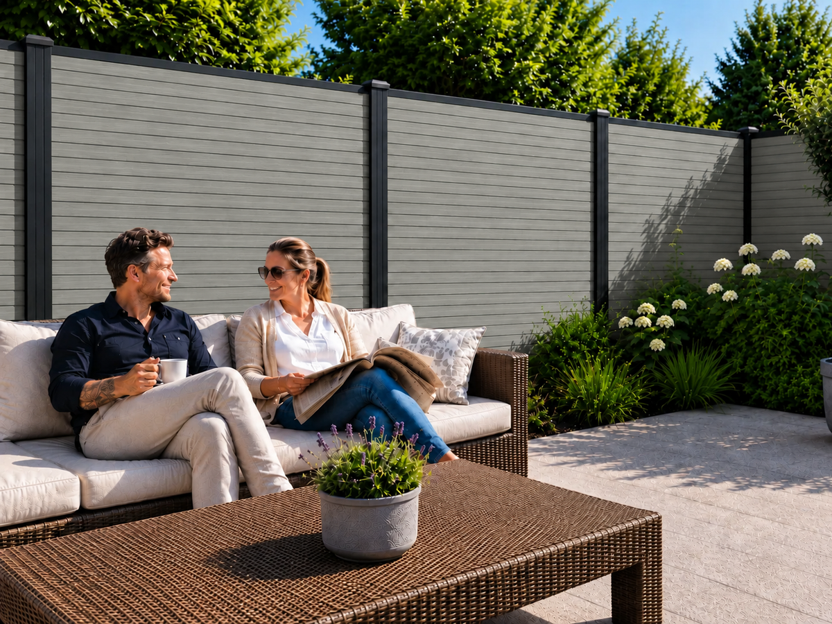 Composiet schutting Rhombus Grijs – stel ontspant op terras bij zonnig weer
