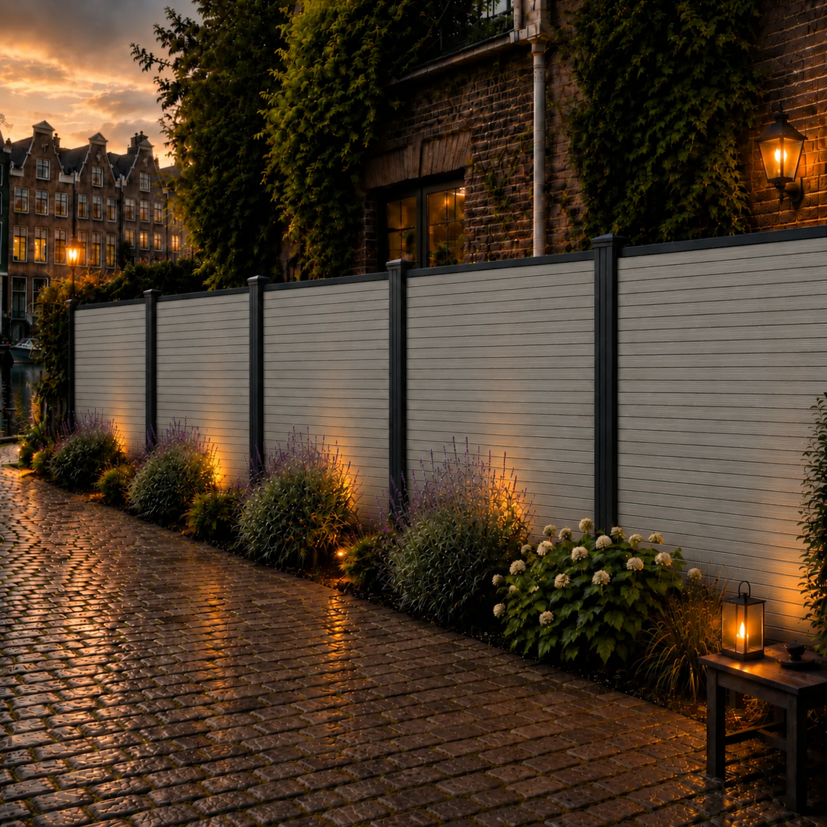 Composiet schutting Rhombus Grijs – langs gracht bij zonsondergang met lantaarns