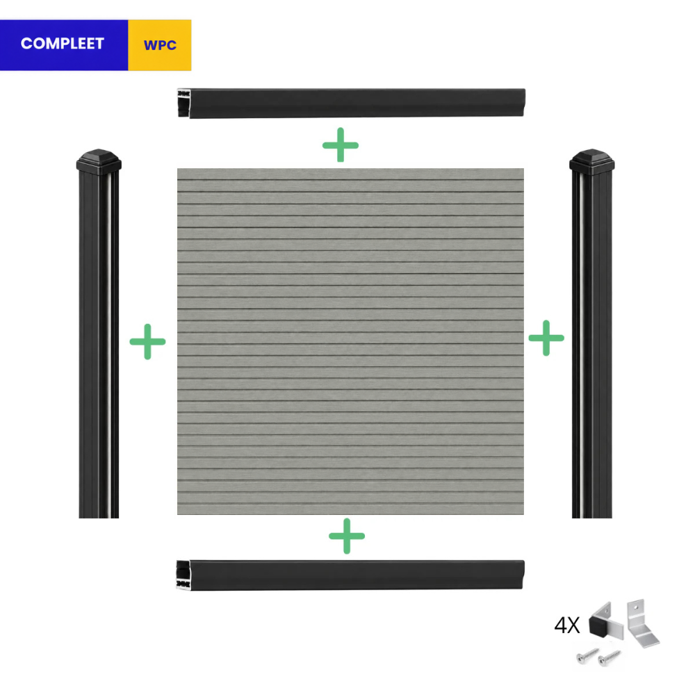 Composiet schutting Rhombus Grijs – paal en schuttingdeel los van elkaar getoond