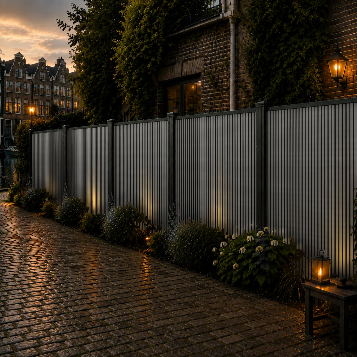 Rhombus Grijs verticaal composiet schutting rond tuin met kunstgras en terras