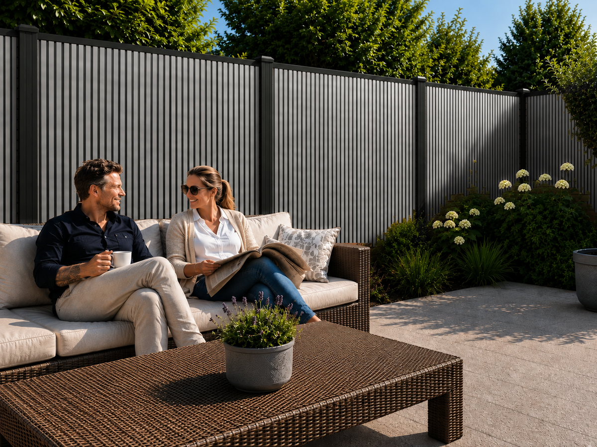 Rhombus Grijs verticaal composiet schutting langs keienpad met lavendel en hortensia's