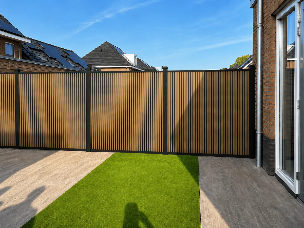 Rhombus Eiken verticale composiet schutting rond tuin met kunstgras en terras