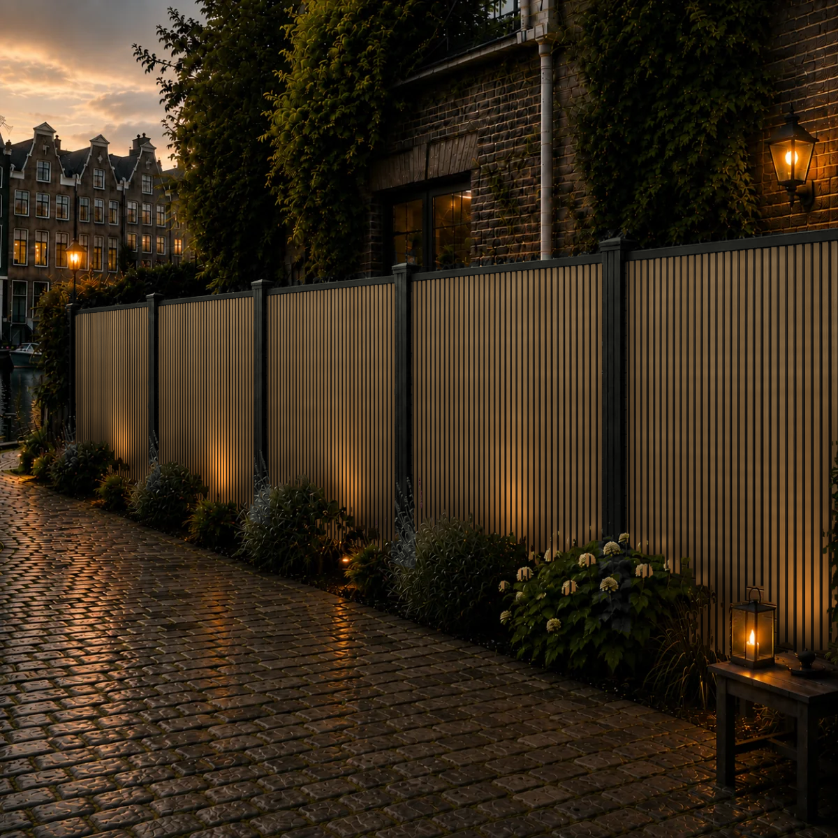 Rhombus Eiken verticale composiet schutting langs keienpad met lavendel en hortensia's