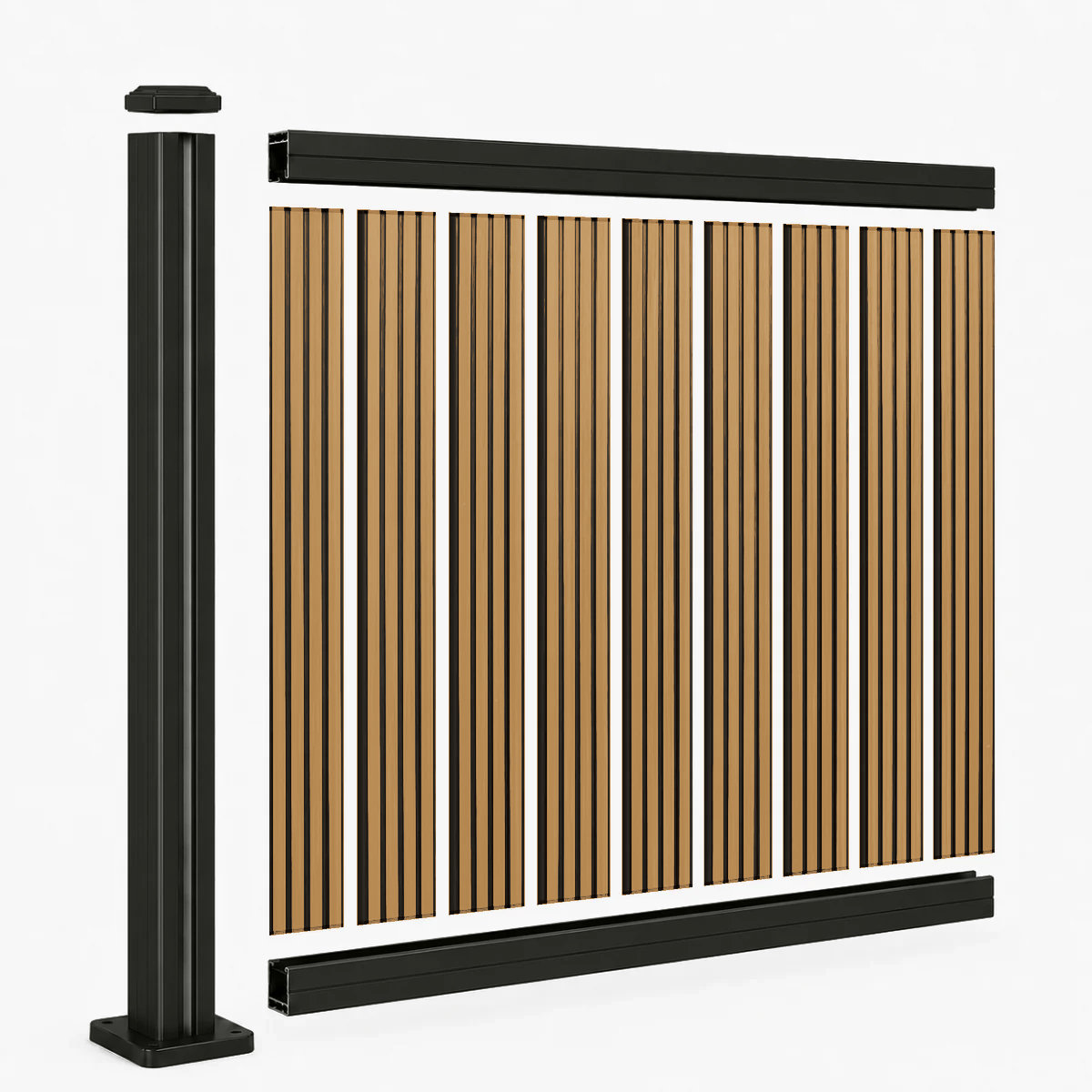 Inhoud schuttingset: zwarte aluminium paal en Rhombus Eiken verticale composiet planken