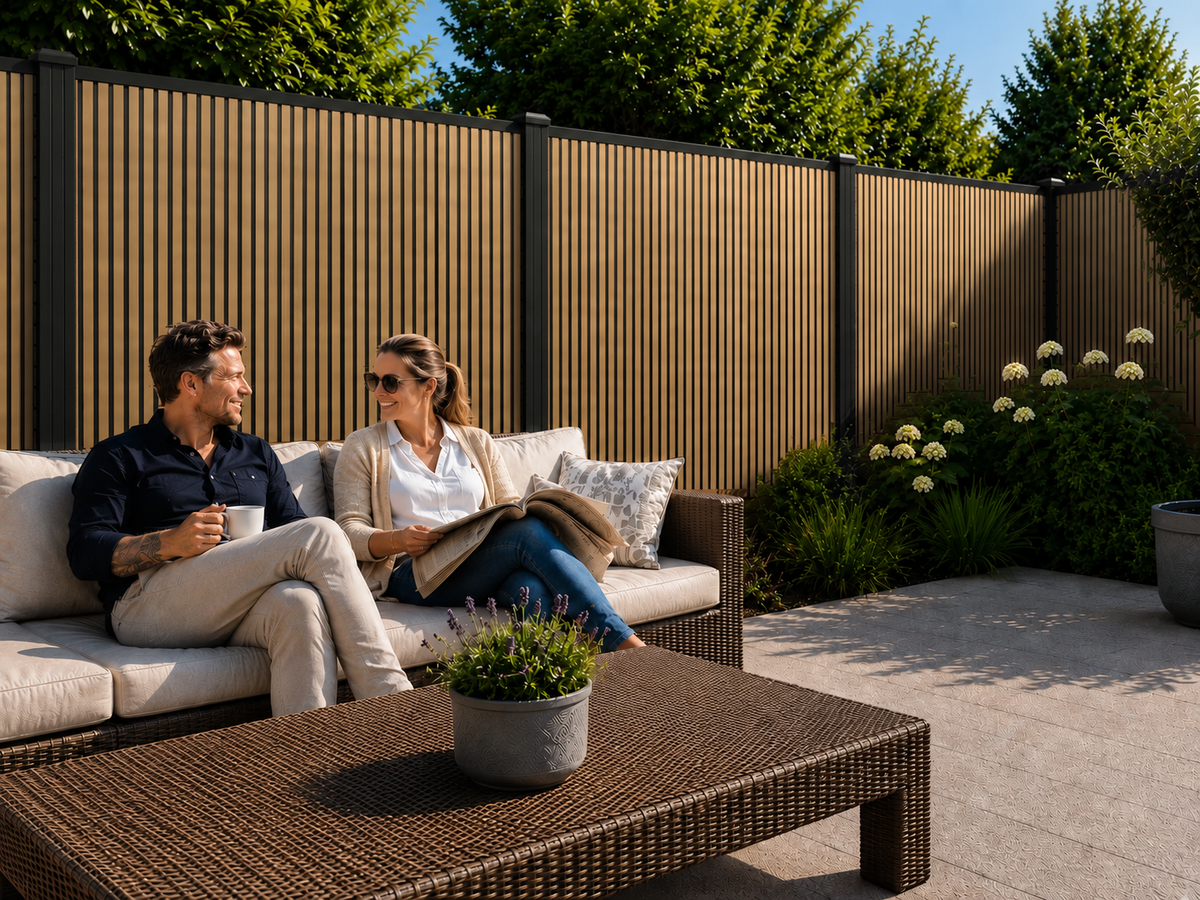 Stel op loungebank voor Rhombus Eiken verticale composiet schutting
