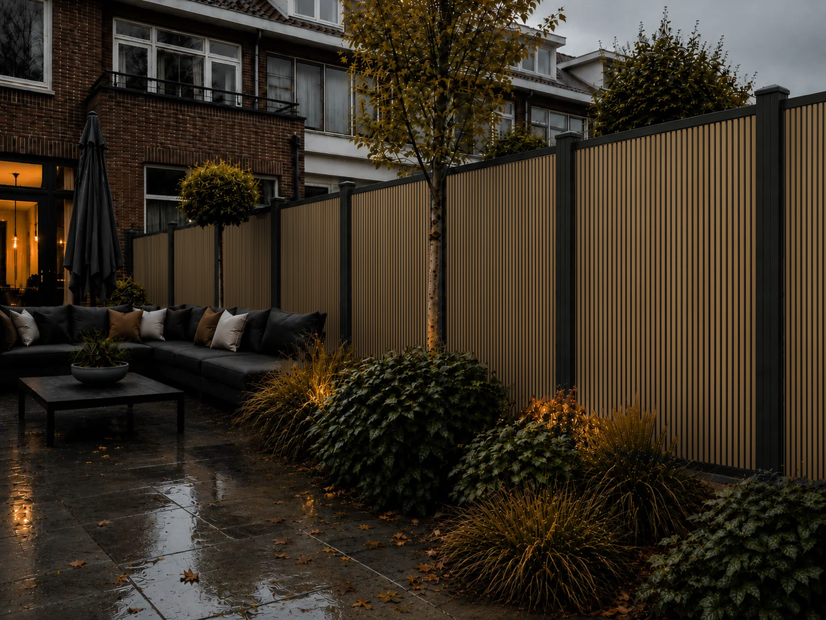Rhombus Eiken verticale composiet schutting in de tuin bij avondverlichting
