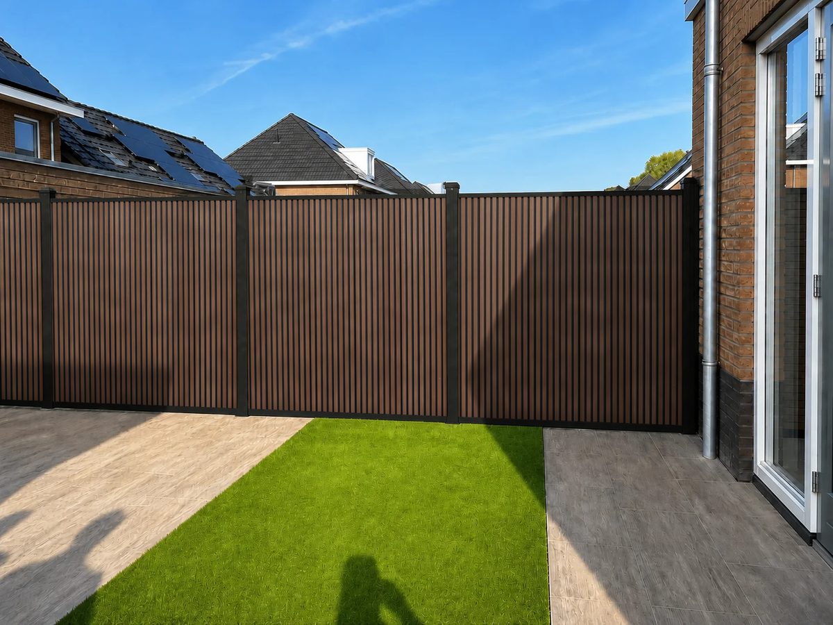 Rhombus Walnoot verticale composiet schutting rond tuin met kunstgras en terras