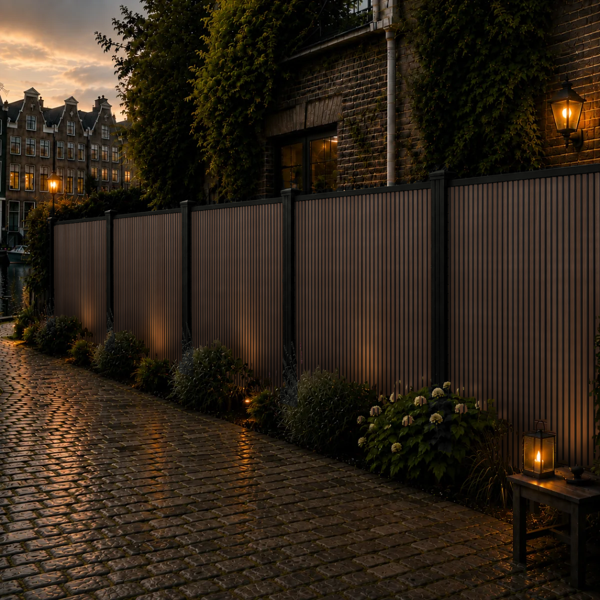 Rhombus Walnoot verticale composiet schutting langs keienpad met lavendel en hortensia's