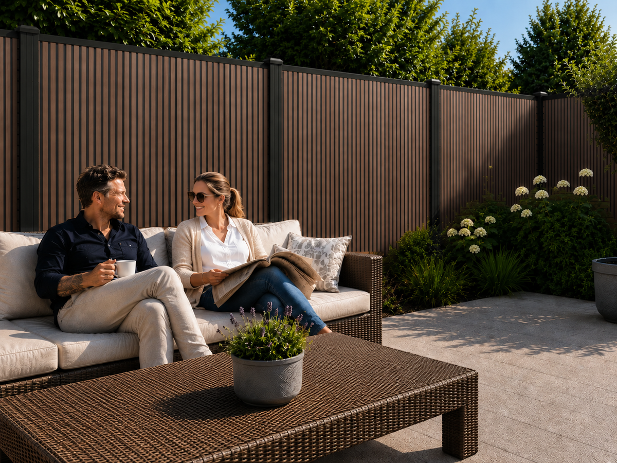 Stel op loungebank voor Rhombus Walnoot verticale composiet schutting