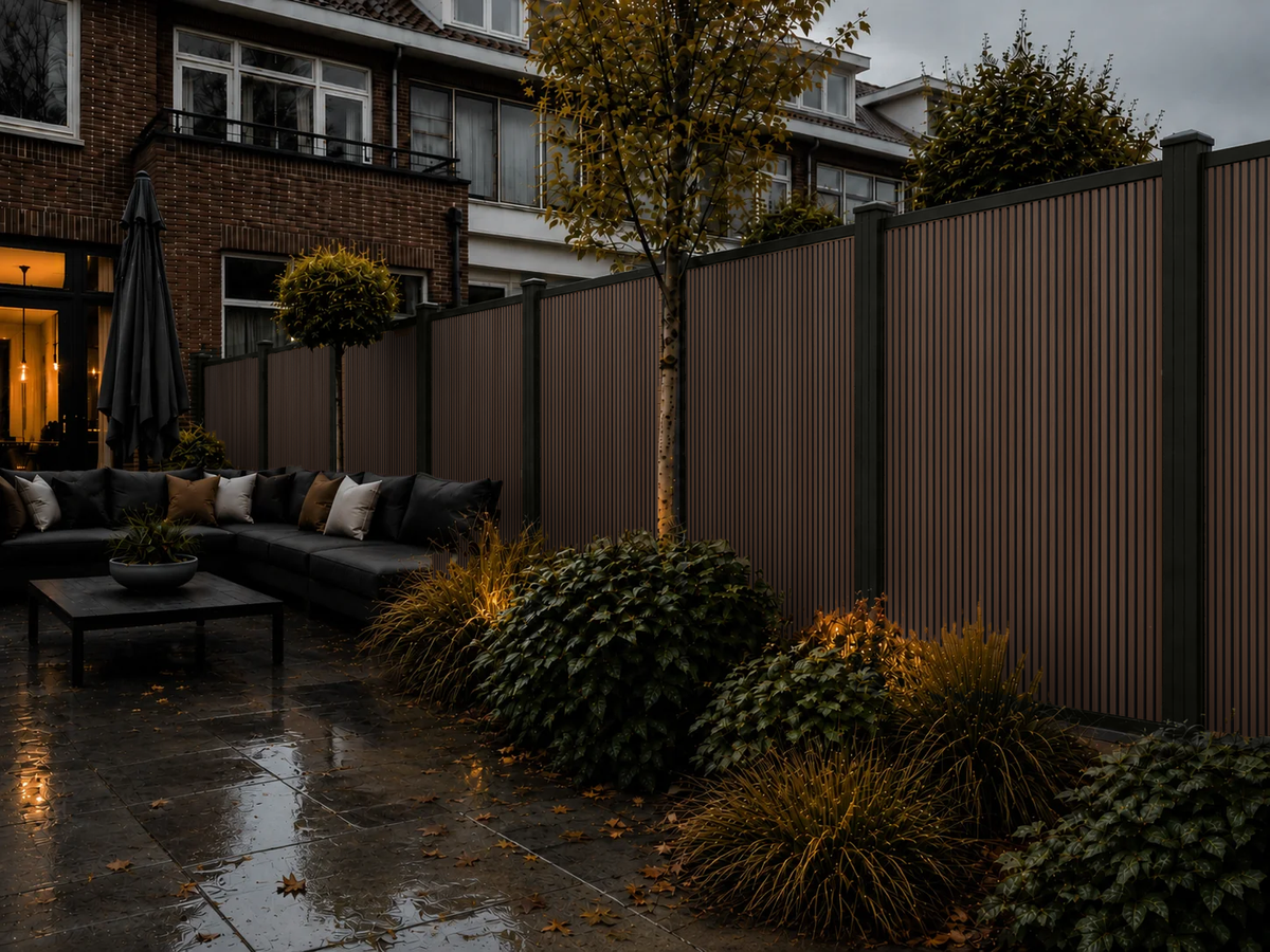 Rhombus Walnoot verticale composiet schutting in de tuin bij avondverlichting