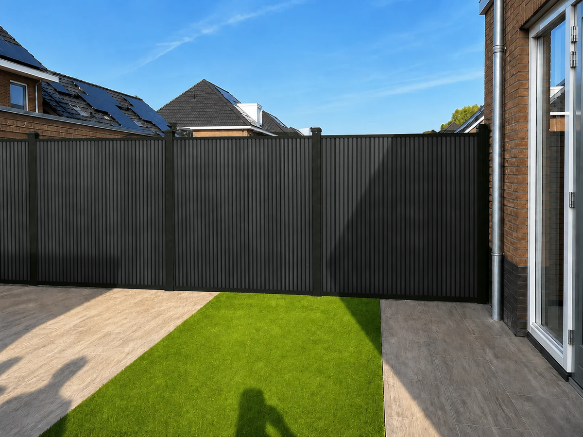 Rhombus Zwart verticale composiet schutting rond tuin met kunstgras en terras