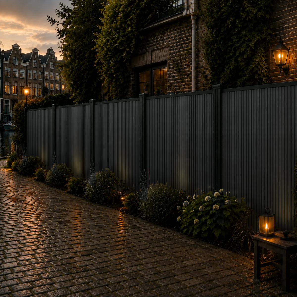 Rhombus Zwart verticale composiet schutting langs keienpad met lavendel en hortensia's