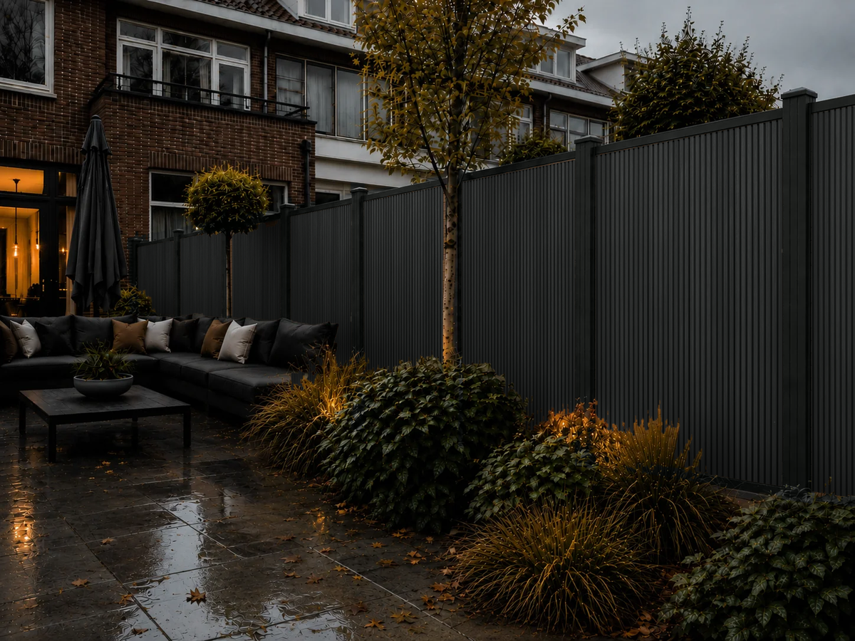 Rhombus Zwart verticale composiet schutting in de tuin bij avondverlichting