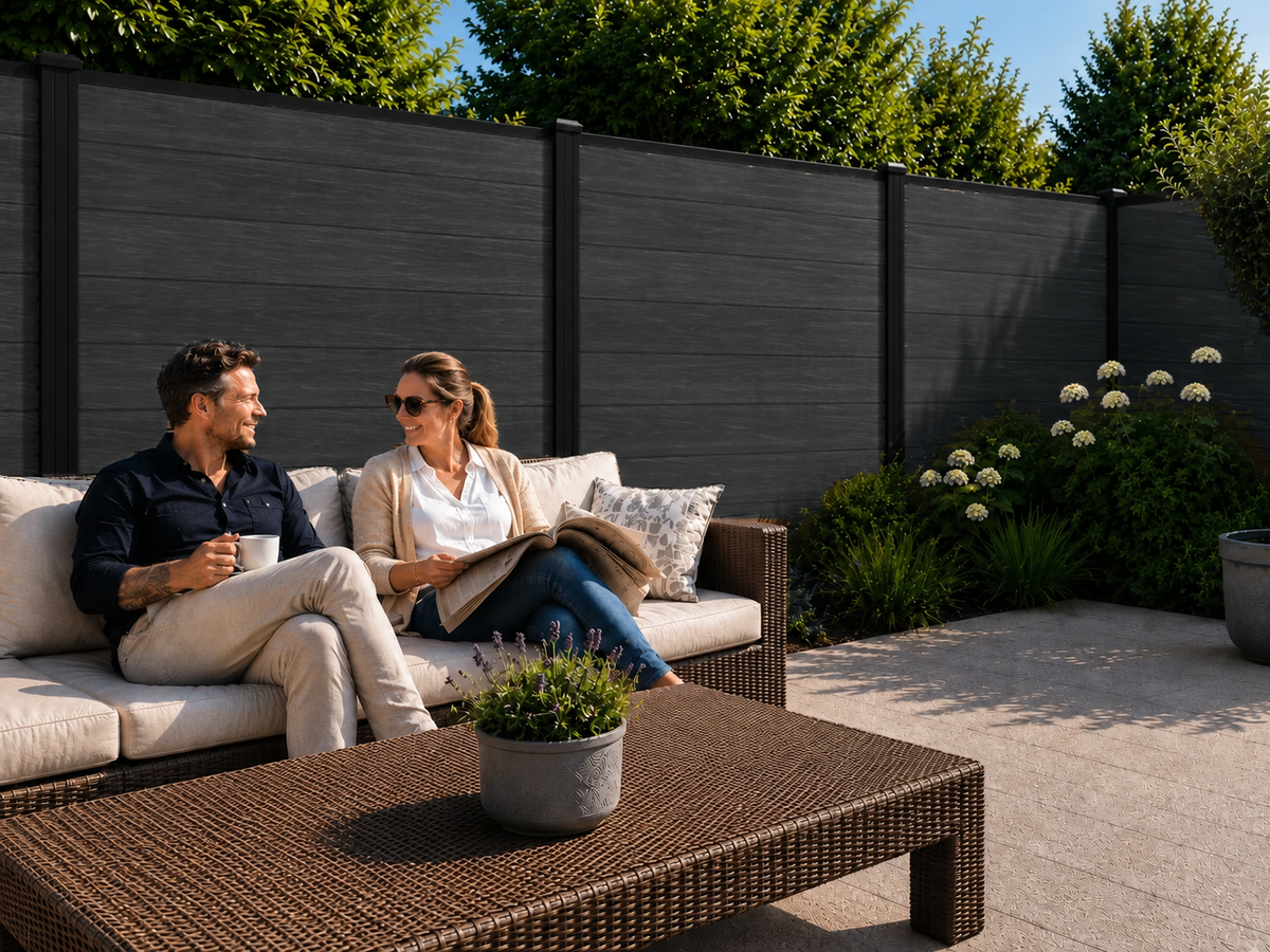 Stel op loungebank voor zwarte composiet schutting
