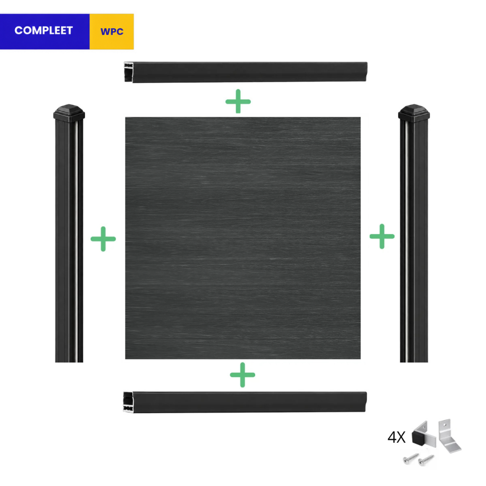 10 zwarte composiet schuttingplanken met houtnerf