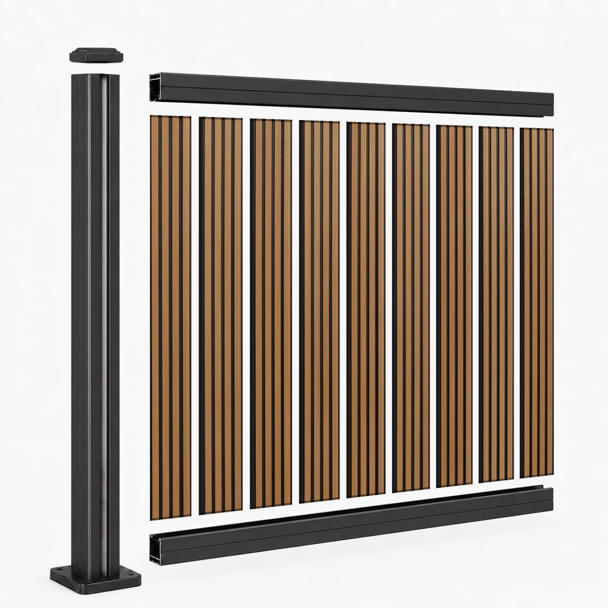Inhoud schuttingset: zwarte aluminium paal en Rhombus Teak verticale composiet planken