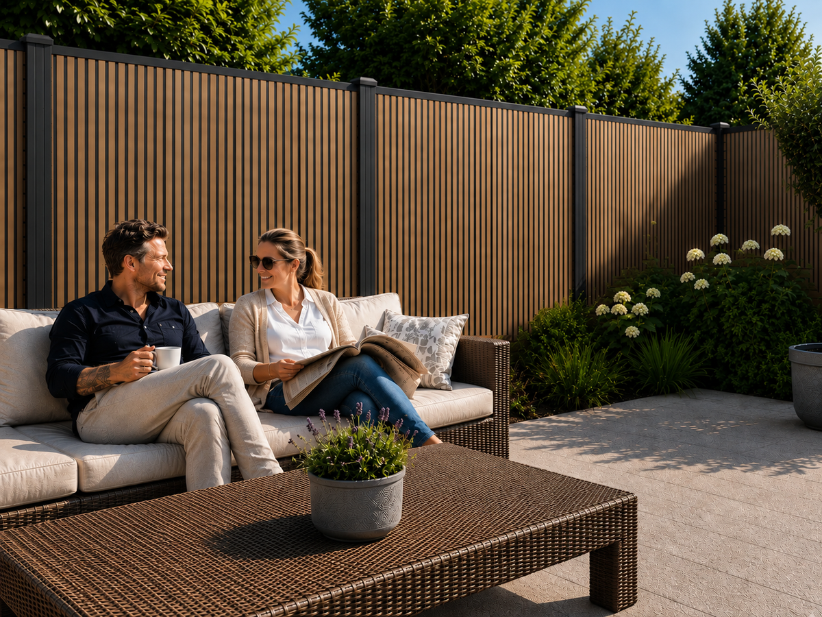 Stel op loungebank voor Rhombus Teak verticale composiet schutting
