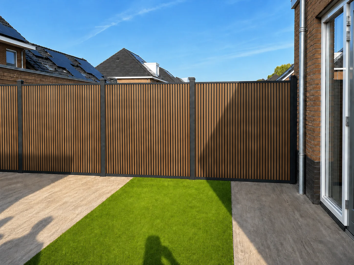 Rhombus Teak verticale composiet schutting rond tuin met kunstgras en terras
