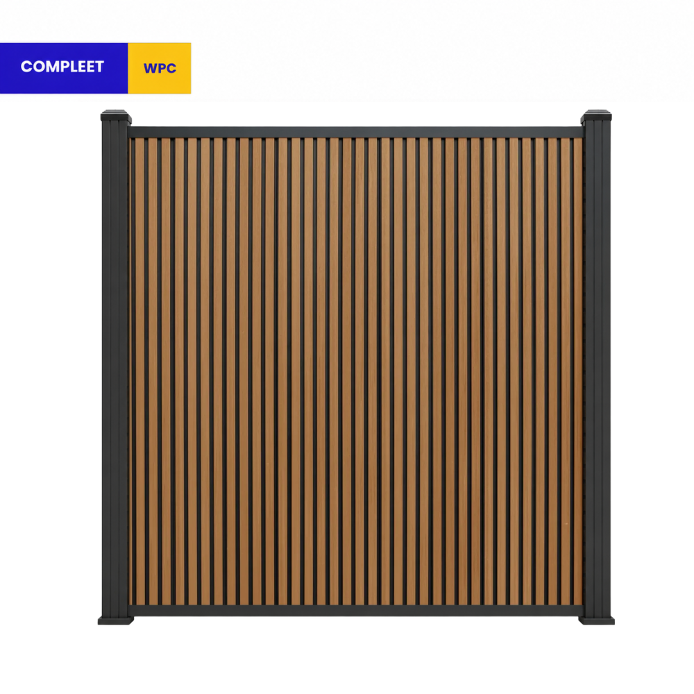 Rhombus Teak verticaal composiet schuttingscherm met zwarte aluminium palen
