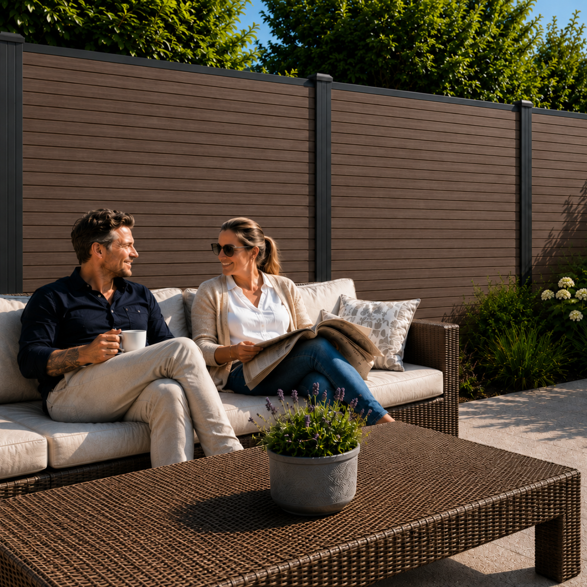 Composiet schutting Rhombus walnoot – stel ontspant op terras bij zonnig weer