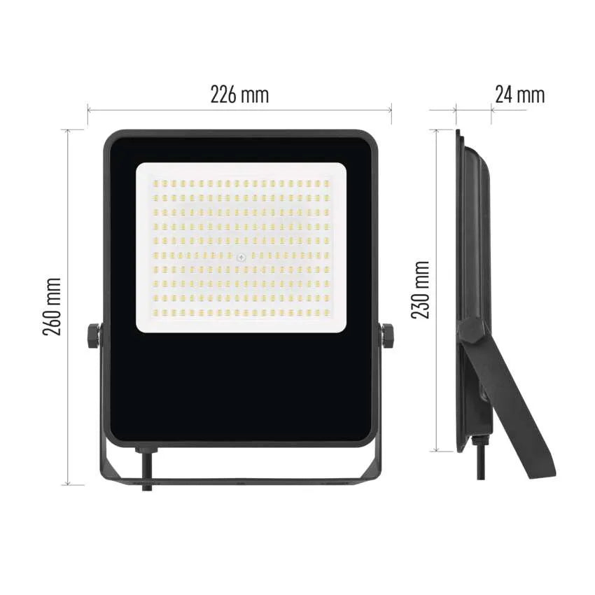 Technische lijntekening van de EMOS VISIO LED bouwlamp met afmetingen, voor- en zijaanzicht
