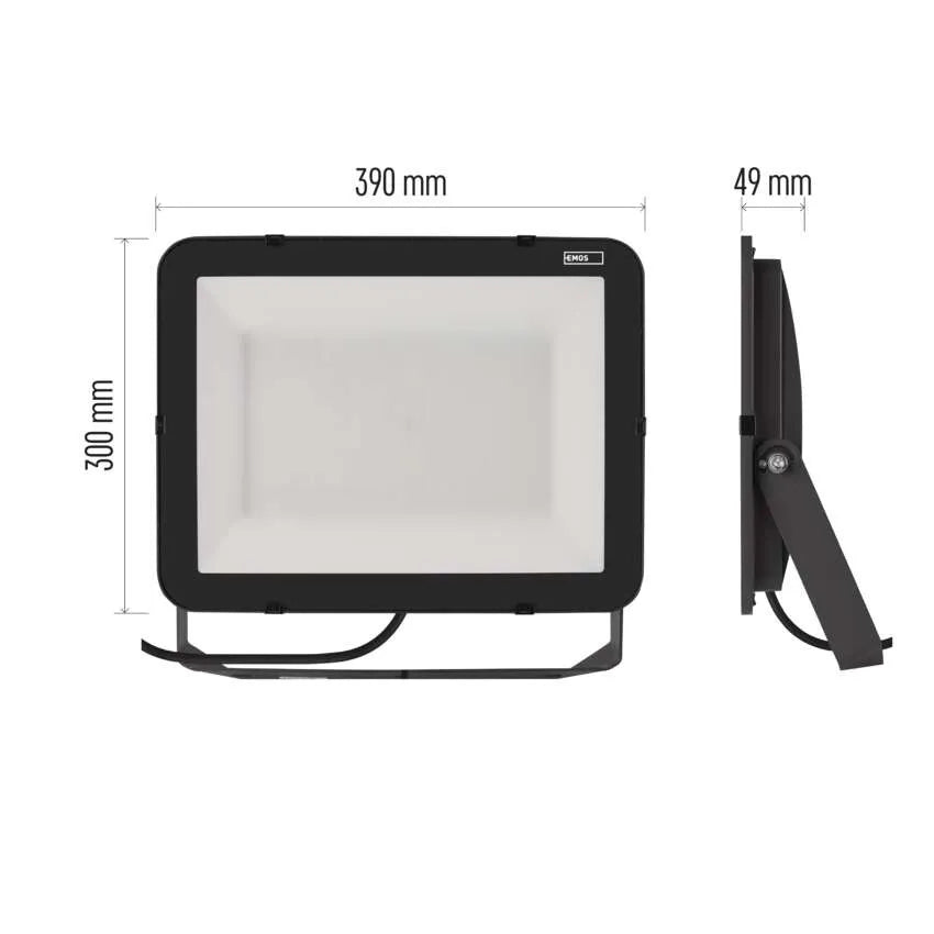 Technische lijntekening van de EMOS INOVO LED bouwlamp met afmetingen, voor- en zijaanzicht
