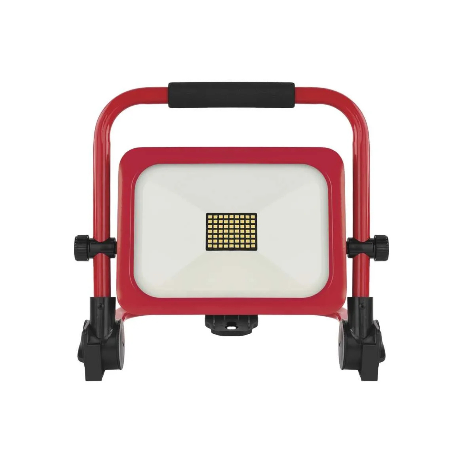 Rood/zwarte EMOS ACCO oplaadbare LED bouwlamp op inklapbare standaard, vooraanzicht