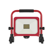 Rood/zwarte EMOS ACCO oplaadbare LED bouwlamp op inklapbare standaard, vooraanzicht