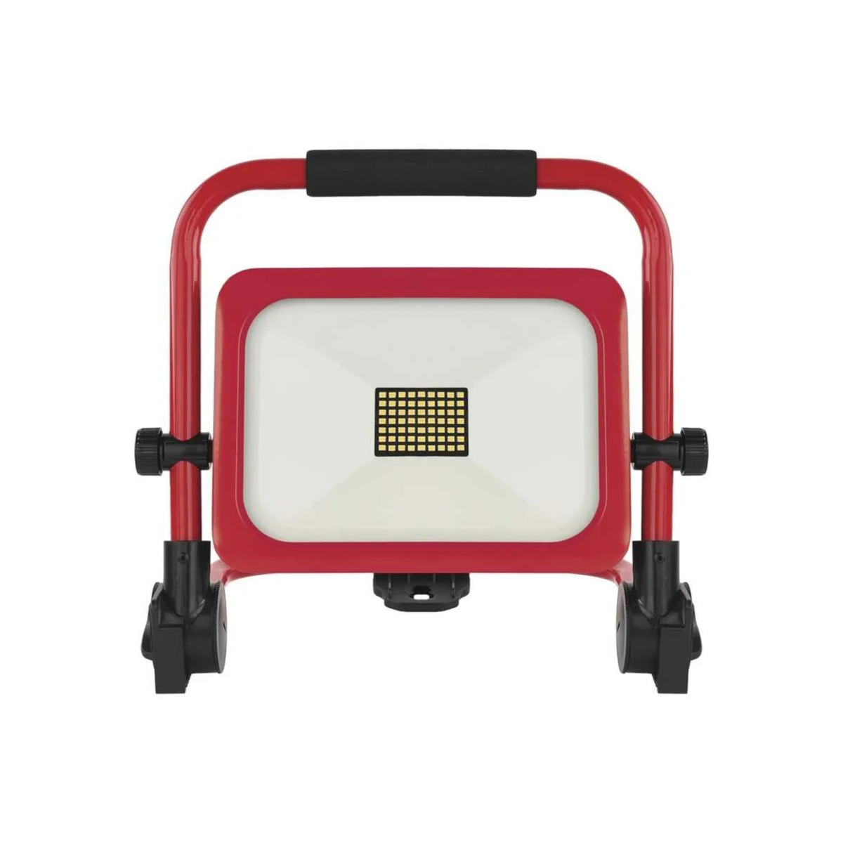 Rood/zwarte EMOS ACCO oplaadbare LED bouwlamp op inklapbare standaard, vooraanzicht