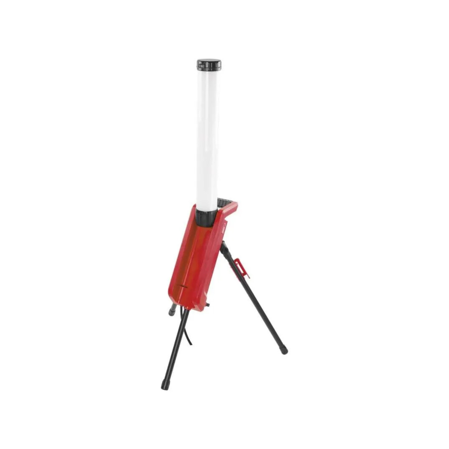 Rood/witte EMOS CANNO LED bouwlamp met 360° lichtkolom, uitgeklapt op driepootstatief
