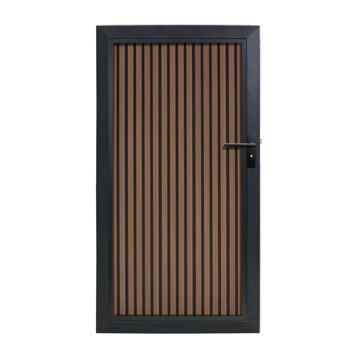 WPC tuindeur Rhombus Walnoot Verticaal met zwarte achtergrond en antraciet aluminium frame