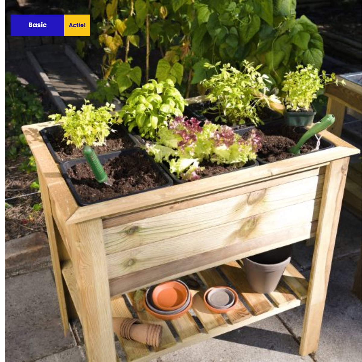 Moestuintafel grenen groen geïmpregneerd met opbergplank en 6 lekvrije bakken - L85 x B60 x H82 cm