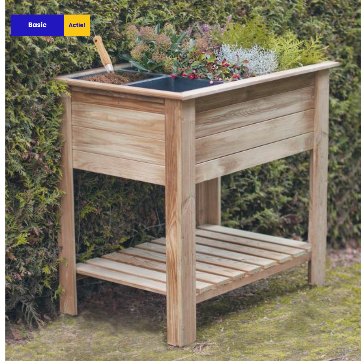 Moestuintafel grenen groen geïmpregneerd met opbergplank en 6 lekvrije bakken - L85 x B60 x H82 cm