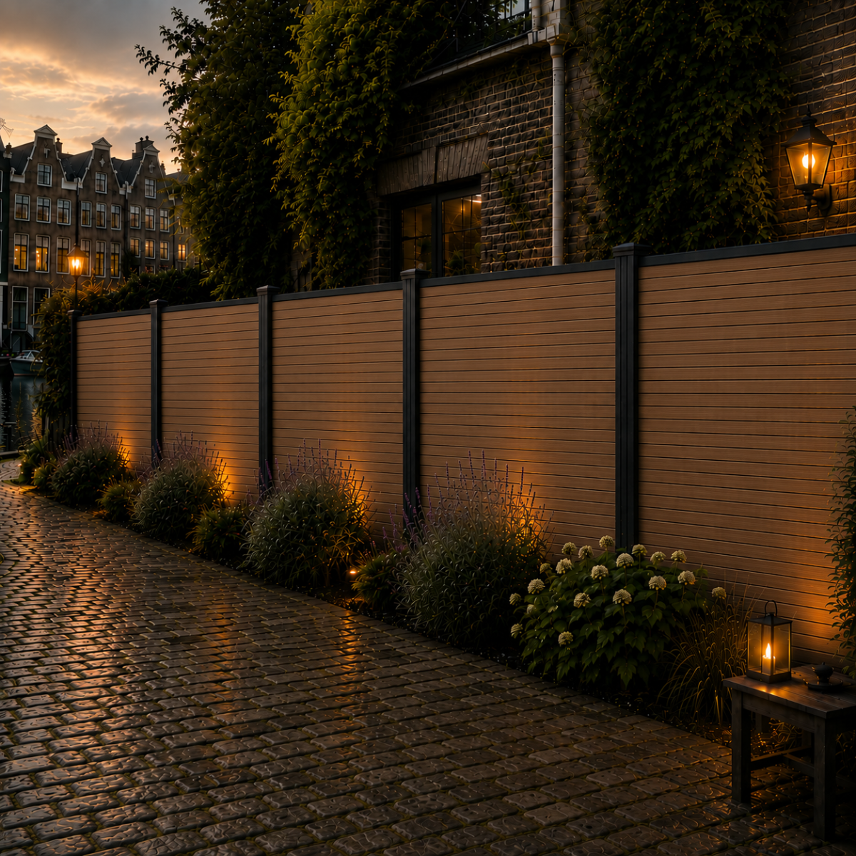 Composiet schutting teak langs gracht bij zonsondergang met lantaarns